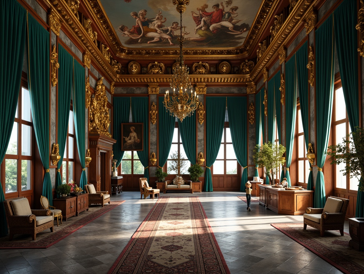 Prompt: Renaissance-inspired palace, teal-hued stonework, ornate golden accents, intricately carved wooden furnishings, lavish velvet drapes, grandiose chandeliers, majestic columns, ornamental frescoes, subtle sfumato lighting, warm afternoon glow, 1/2 composition, symmetrical architecture, rustic stone floors, richly patterned rugs, antique furniture pieces, elegant candelabras, mystical ambiance, soft focus effect.