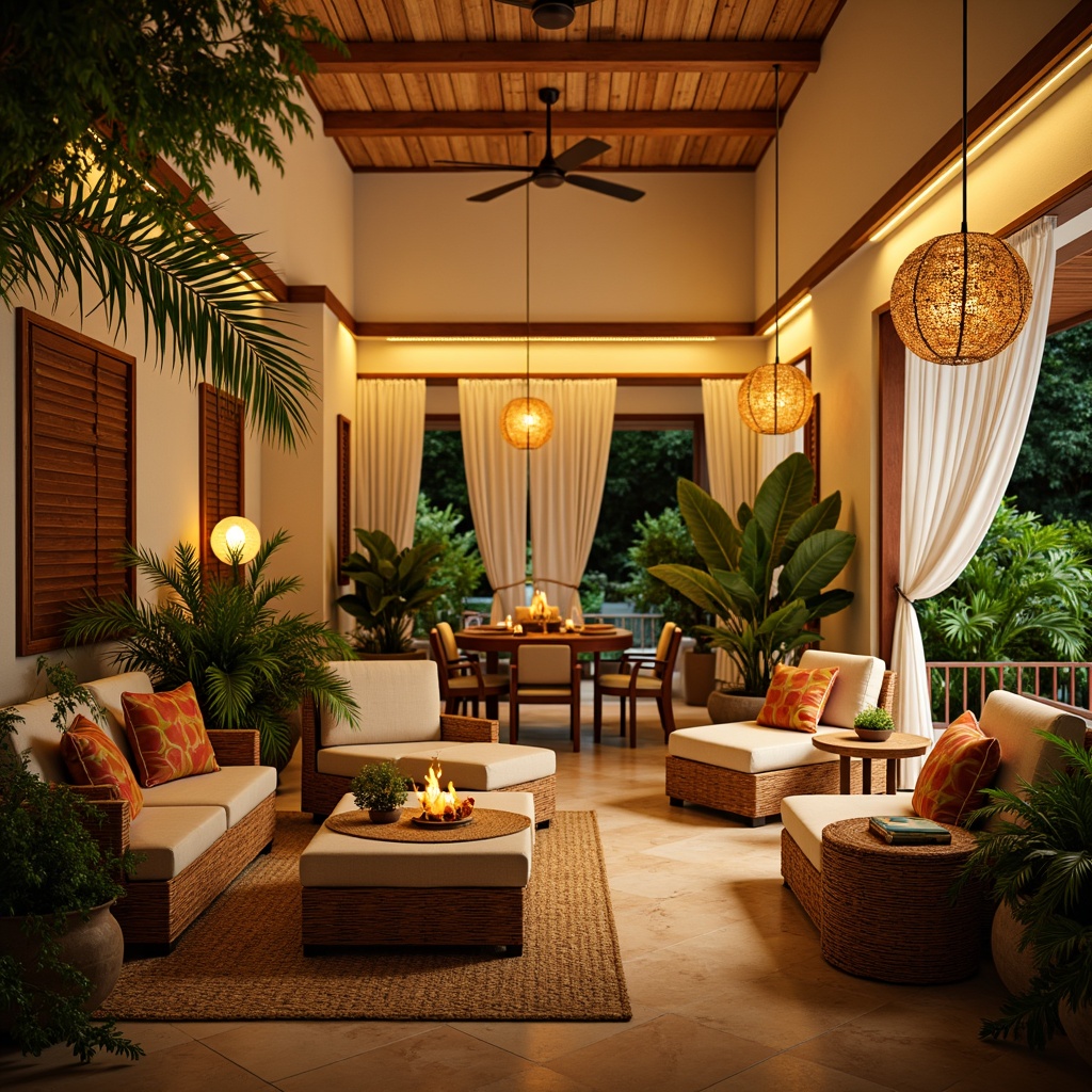 Prompt: Vibrant tropical interior, natural rattan furniture, woven bamboo accents, exotic potted plants, warm beige walls, creamy white ceilings, soft golden lighting, pendant lanterns, table lamps, floor lamps, LED strip lights, colorful glass chandeliers, sheer curtains, billowy drapes, wooden shutters, ceiling fans, warm atmospheric glow, shallow depth of field, 1/1 composition, realistic textures, ambient occlusion.