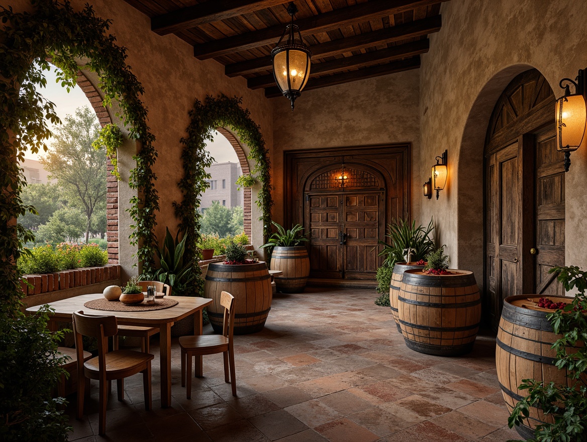 Prompt: Rustic winery, textured walls, eclectic style design, vintage wooden barrels, wine cellar atmosphere, dim warm lighting, earthy tones, natural stone flooring, reclaimed wood accents, metal lanterns, lush greenery, sprawling vines, Mediterranean-inspired decor, distressed finishes, ornate metalwork, rich velvet fabrics, weathered brick archways, soft golden hour light, 1/2 composition, cinematic view, detailed textures.