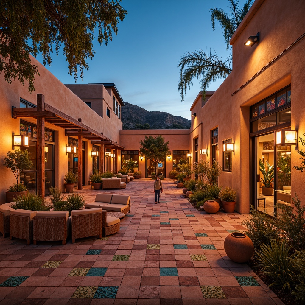 Prompt: Vibrant Southwestern cultural center, warm adobe architecture, rich turquoise accents, intricate Native American patterns, traditional tribal textiles, rustic wooden beams, earthy clay pottery, warm candlelight, soft lantern lighting, dramatic spotlights, ambient LED illumination, natural stone flooring, woven wicker furniture, colorful geometric mosaics, sunny desert landscape, clear blue sky, distant mountain ranges, 1/2 composition, shallow depth of field, realistic textures.