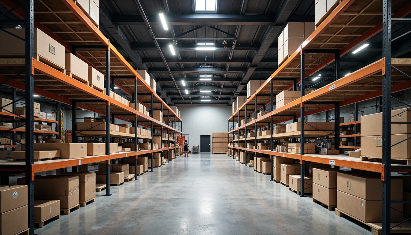 Prompt: Modern warehouse interior, industrial chic aesthetic, reclaimed wood shelving units, metal frame structures, minimalist design, ample storage space, organized inventory systems, LED lighting, polished concrete floors, urban loft ambiance, functional decor, geometric patterns, monochromatic color scheme, shallow depth of field, 1/1 composition, softbox lighting.