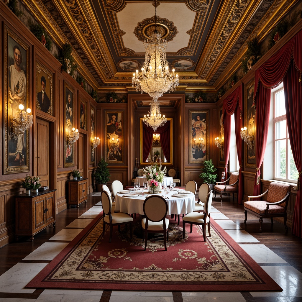 Prompt: Luxurious dining room, ornate furnishings, intricately carved wooden panels, gilded mirrors, crystal chandeliers, rich velvet drapes, lavish marble flooring, ornamental plaster ceilings, golden accents, exquisite frescoes, intricate moldings, grandiose proportions, dramatic lighting, warm color palette, Renaissance-inspired motifs, opulent upholstery, majestic architectural elements, lavish centerpieces, sophisticated ambiance, high-end decor, detailed ornaments, regal atmosphere.