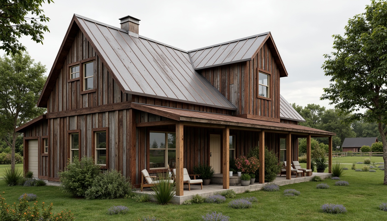 Prompt: Rustic farmhouse, weathered wood cladding, earthy tones, galvanized metal accents, pitched rooflines, dormer windows, natural stone foundations, lush greenery, wildflowers, rural landscape, overcast sky, soft warm lighting, shallow depth of field, 3/4 composition, panoramic view, realistic textures, ambient occlusion.