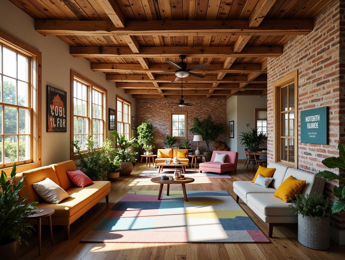 Prompt: Rustic youth center, farmhouse style, open layouts, natural wood accents, exposed brick walls, wooden beams, large windows, cozy nooks, comfortable couches, colorful throw pillows, lively atmosphere, energetic vibes, playful decorations, inspirational quotes, motivational posters, green plants, soft warm lighting, shallow depth of field, 1/2 composition, relaxed ambiance, realistic textures, ambient occlusion.