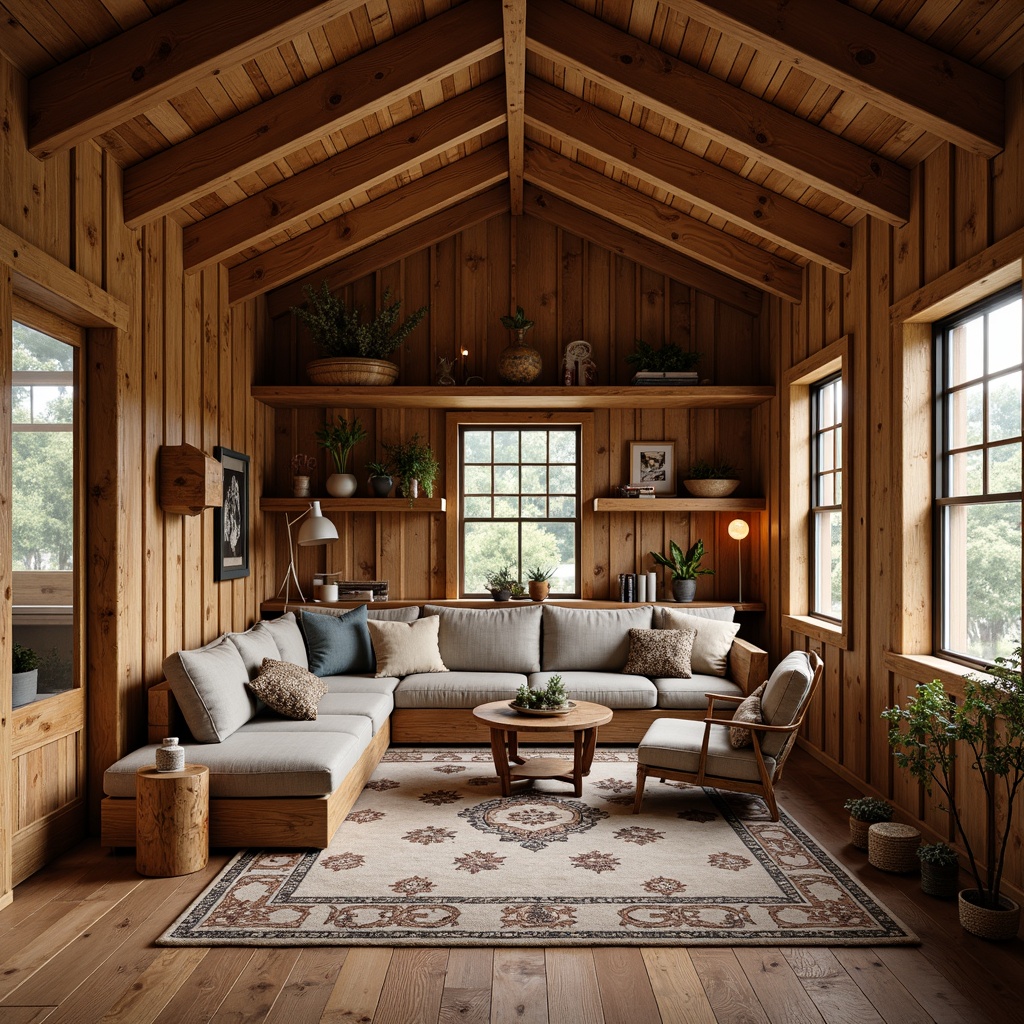 Prompt: Rustic wooden cabin, natural wood textures, earthy color palette, bespoke furniture pieces, handcrafted decorations, wooden beams, reclaimed wood accents, cozy reading nooks, soft warm lighting, shallow depth of field, 1/1 composition, realistic wood grain, ambient occlusion, warm atmospheric ambiance, nature-inspired patterns, organic shapes, intricate joinery details, richly stained wood surfaces.