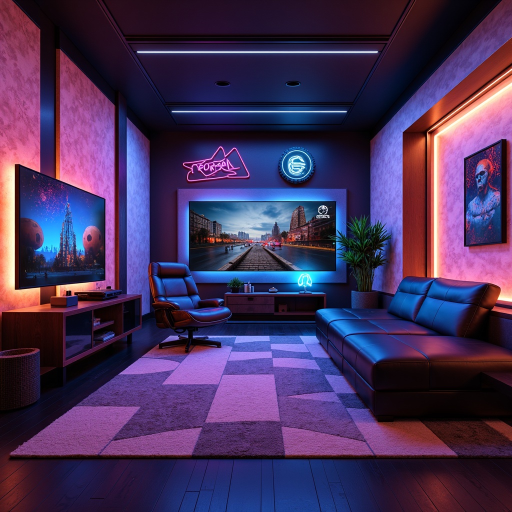 Prompt: Modern game room, neon-lit ambiance, sleek metallic surfaces, futuristic furniture designs, high-gloss finishes, LED strip lighting, immersive gaming experiences, soundproofing materials, acoustic panels, textured wallpapers, dark-colored wood accents, minimalist decor, ambient mood lighting, 3/4 composition, shallow depth of field, realistic textures, vibrant colorful accents, dynamic shapes, geometric patterns, luxurious fabrics, innovative storage solutions.