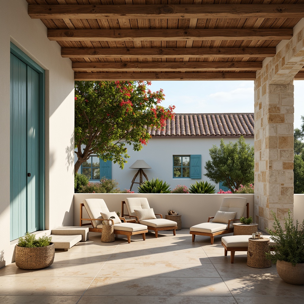 Prompt: Warm Mediterranean villa, creamy white walls, rustic stone accents, turquoise blue shutters, terracotta roof tiles, lush greenery, vibrant bougainvillea flowers, wooden beam ceilings, distressed wood furniture, natural linen fabrics, woven rattan baskets, soft warm lighting, shallow depth of field, 3/4 composition, realistic textures, ambient occlusion.