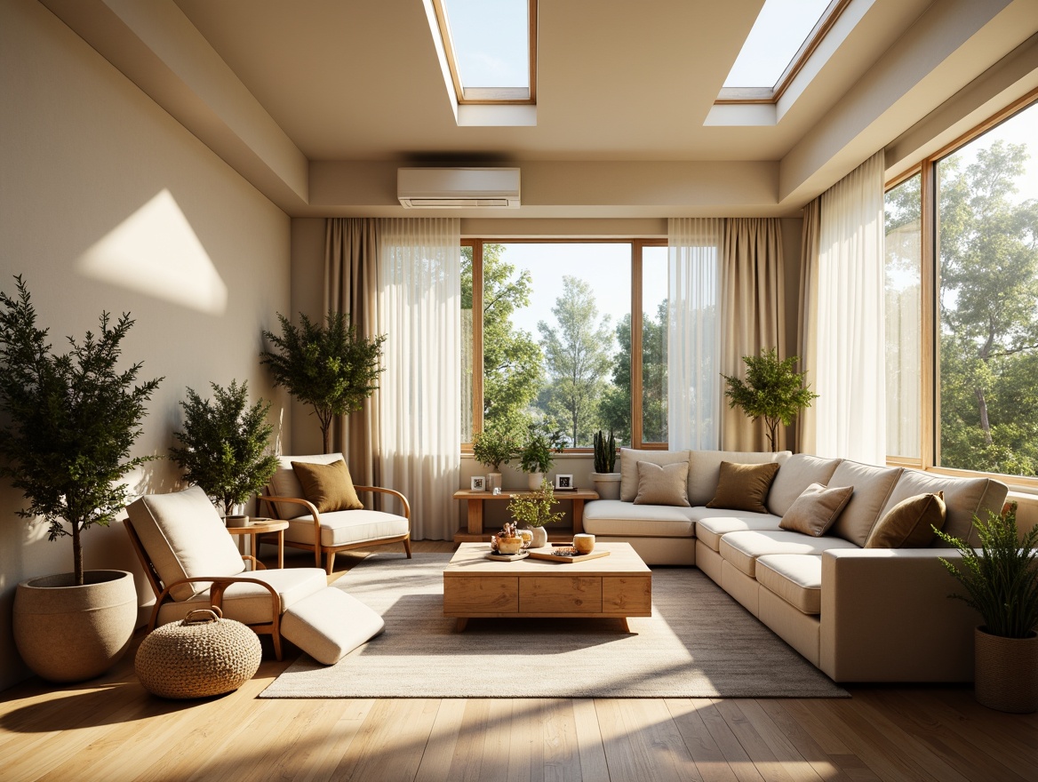 Prompt: Cozy living room, large windows, soft diffused light, warm beige walls, wooden flooring, minimal decor, comfortable furniture, natural textiles, earthy tone colors, lush greenery, potted plants, skylights, clerestory windows, sheer curtains, ambient lighting, subtle shadows, 1/1 composition, realistic renderings, atmospheric perspective.