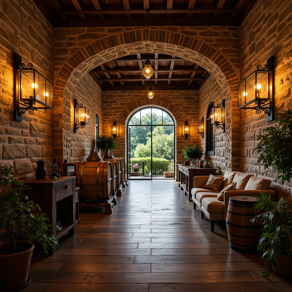 Prompt: Rustic winery, textured stone walls, wooden barrel accents, vintage wine-making equipment, dim warm lighting, earthy tone colors, eclectic decor, distressed wood floors, ornate metalwork, decorative lanterns, lush greenery, vineyard views, natural stone archways, brick ceilings, wooden beams, cozy nooks, comfortable seating areas, soft golden lighting, shallow depth of field, 1/2 composition, realistic textures, ambient occlusion.