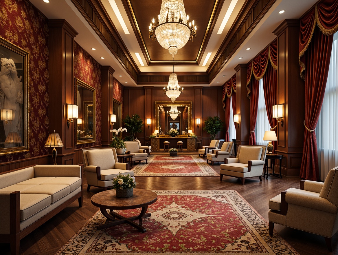 Prompt: Luxurious hotel lobby, ornate gold details, velvet upholstery, intricately carved wooden furniture, crystal chandeliers, plush area rugs, soft warm lighting, opulent drapery, Baroque-inspired patterns, rich jewel-toned colors, grandiose mirrors, lavish seating areas, comfortable sofas, elegant coffee tables, sophisticated armchairs, refined side tables, ornamental vases, fresh flower arrangements, 1/1 composition, shallow depth of field, soft focus effect.