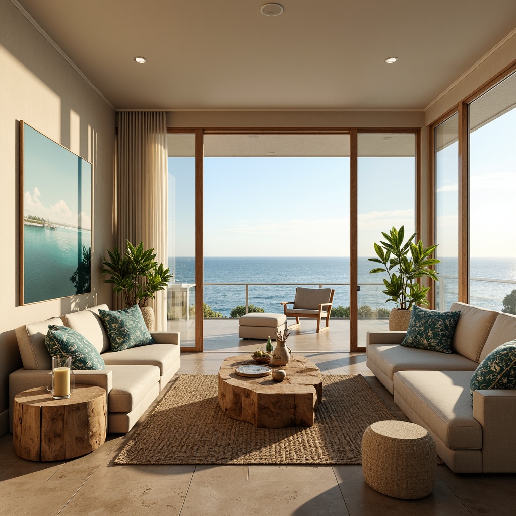 Prompt: Calming coastal living room, soft sandy beige walls, warm driftwood furniture, ocean-inspired blue-green accents, natural textures, woven jute rugs, coral-patterned throw pillows, sea-salt scented candles, floor-to-ceiling windows, panoramic ocean views, sunny day, gentle warm lighting, shallow depth of field, 1/1 composition, realistic wood grain textures, ambient occlusion.