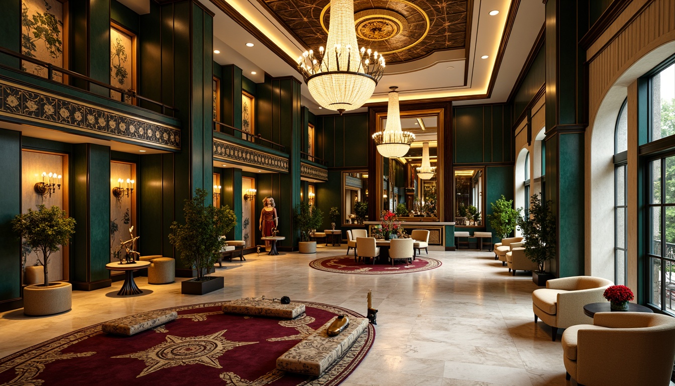 Prompt: Luxurious Art Deco interior, opulent furnishings, metallic accents, geometric patterns, ornate decorations, bold black outlines, rich jewel-toned colors, emerald green, sapphire blue, ruby red, amber yellow, ivory white, chrome finishes, glossy surfaces, intricate inlays, lavish textiles, velvety soft fabrics, glamorous lighting fixtures, crystal chandeliers, warm golden tones, vintage charm, ornate mirrors, sleek marble floors, grandiose architecture, dramatic shadows, high-contrast lighting, cinematic atmosphere.