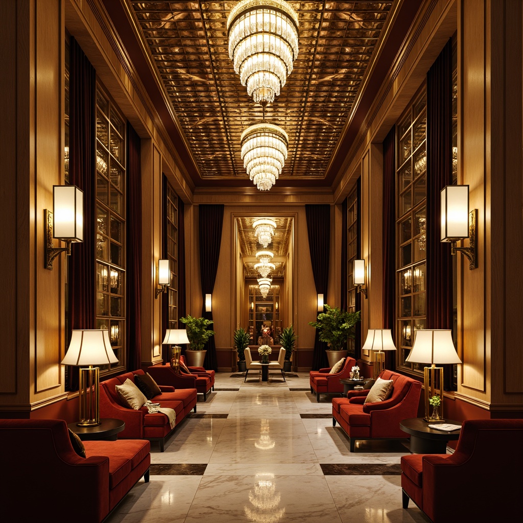 Prompt: Opulent Art Deco interior, luxurious chandeliers, crystal droplets, metallic accents, geometric patterns, ornate sconces, cylindrical lamp shades, chrome finishes, beveled glass edges, stepped silhouette, lavish drapery, velvet upholstery, rich wood tones, marble floors, high ceilings, dramatic vertical lines, warm golden lighting, soft diffused glow, 1/1 composition, symmetrical framing, realistic reflections, ambient occlusion.