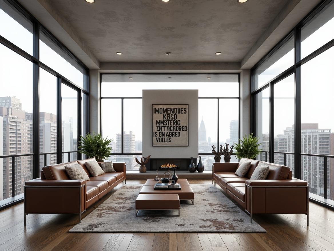 Prompt: Minimalist living room, sleek low-profile furniture, tubular steel frames, leather upholstery, geometric patterns, monochromatic color scheme, polished wooden floors, floor-to-ceiling windows, abundant natural light, urban skyline views, industrial-chic decorative accents, functional simplicity, clean lines, rectangular shapes, vintage lighting fixtures, textile artwork, bold typography, avant-garde sculptures, Scandinavian-inspired rugs, 1/1 composition, high-contrast lighting, cinematic depth of field.