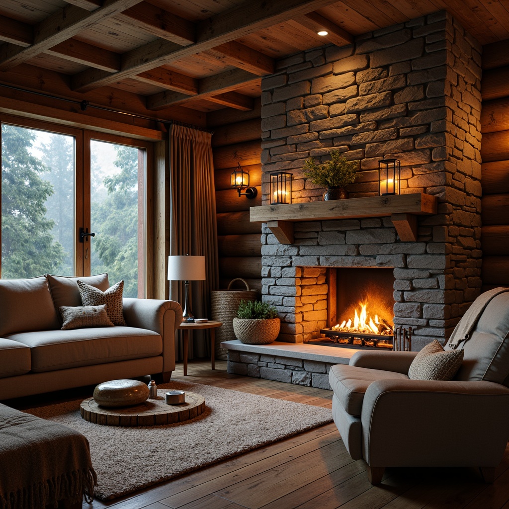 Prompt: Rustic wooden cabin, natural stone walls, earthy brown colors, reclaimed wood beams, wooden shutters, vintage metal lanterns, cozy fireplace, plush furnishings, woven textiles, warm candlelight, shallow depth of field, 1/2 composition, realistic wood grain textures, ambient occlusion, serene forest surroundings, misty morning atmosphere, soft warm lighting.