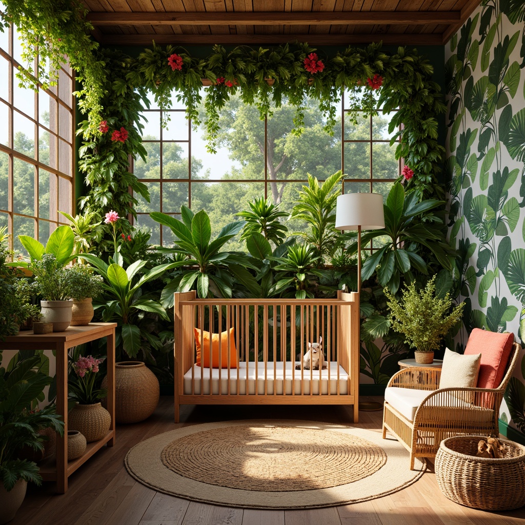 Prompt: Vibrant tropical nursery, lush greenery, exotic flowers, wooden crib, rattan furniture, wicker baskets, colorful textiles, leaf-patterned wallpaper, natural fiber rugs, sunny day, warm soft lighting, shallow depth of field, 1/1 composition, intimate atmosphere, realistic textures, ambient occlusion.