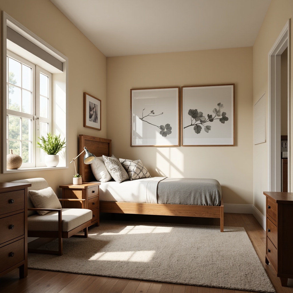 Prompt: Cozy dorm room, transitional style furniture, plush area rug, comfortable queen-sized bed, wooden bedside table, minimalist desk lamp, soft cushioned chair, natural wood dresser, elegant mirror frame, calming beige walls, creamy white trim, subtle patterned bedding, warm task lighting, shallow depth of field, 1/1 composition, realistic textures, ambient occlusion.