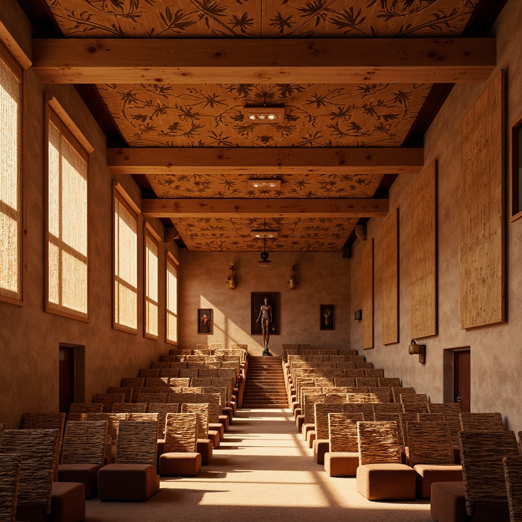 Prompt: Southwestern-style auditorium, warm earthy tones, wooden accents, woven textiles, natural fabrics, curved lines, organic shapes, rustic wood panels, sound-absorbing materials, acoustic foam, geometric patterns, tribal-inspired designs, warm golden lighting, soft diffused shadows, 1/2 composition, realistic textures, ambient occlusion.