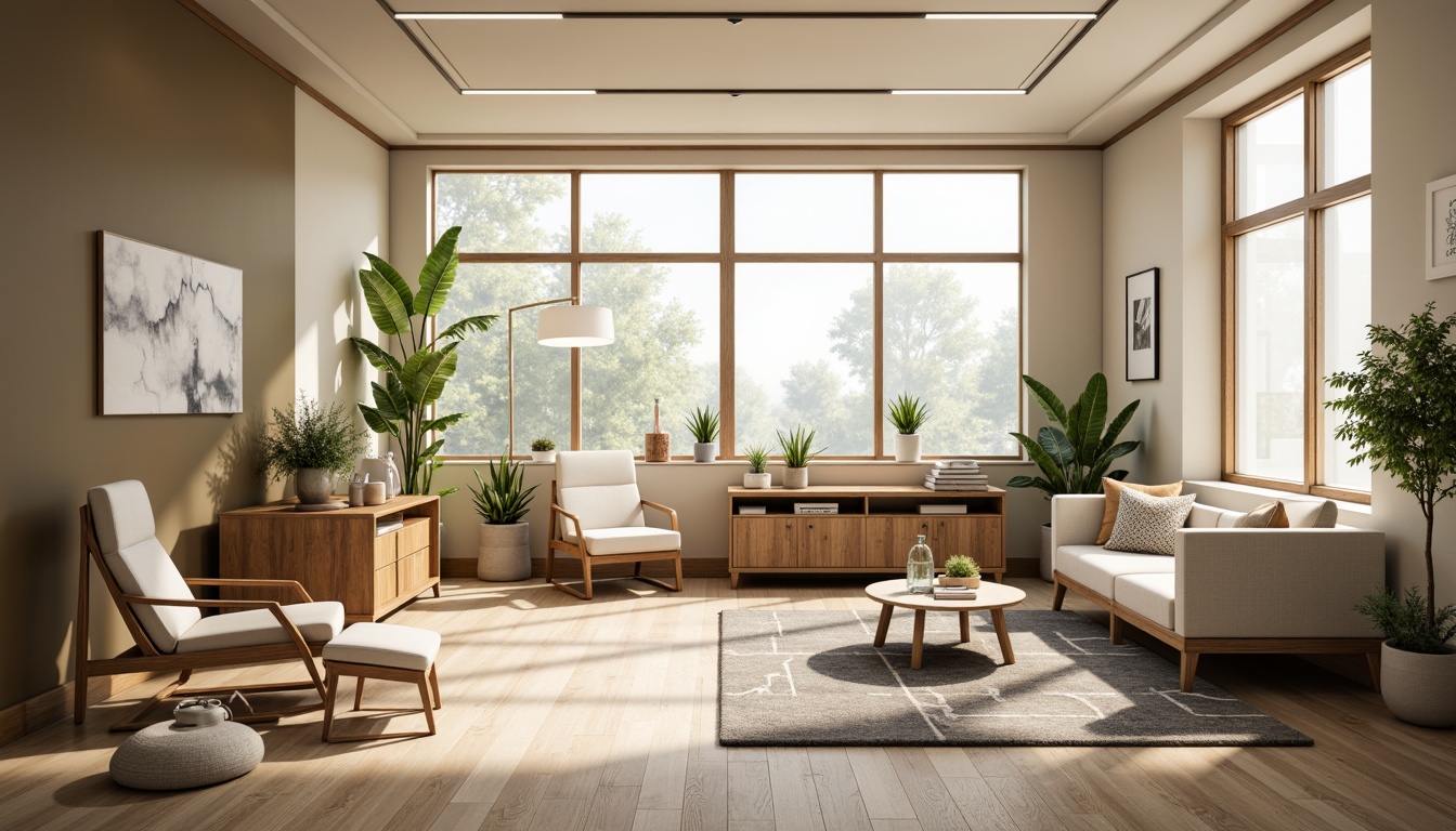 Prompt: Calming office interior, natural wood furniture, earthy tone walls, creamy white accents, soothing greenery, potted plants, geometric patterned rugs, minimalist decor, warm task lighting, softbox window filters, subtle texture overlays, 1/2 composition, realistic renderings, ambient occlusion.