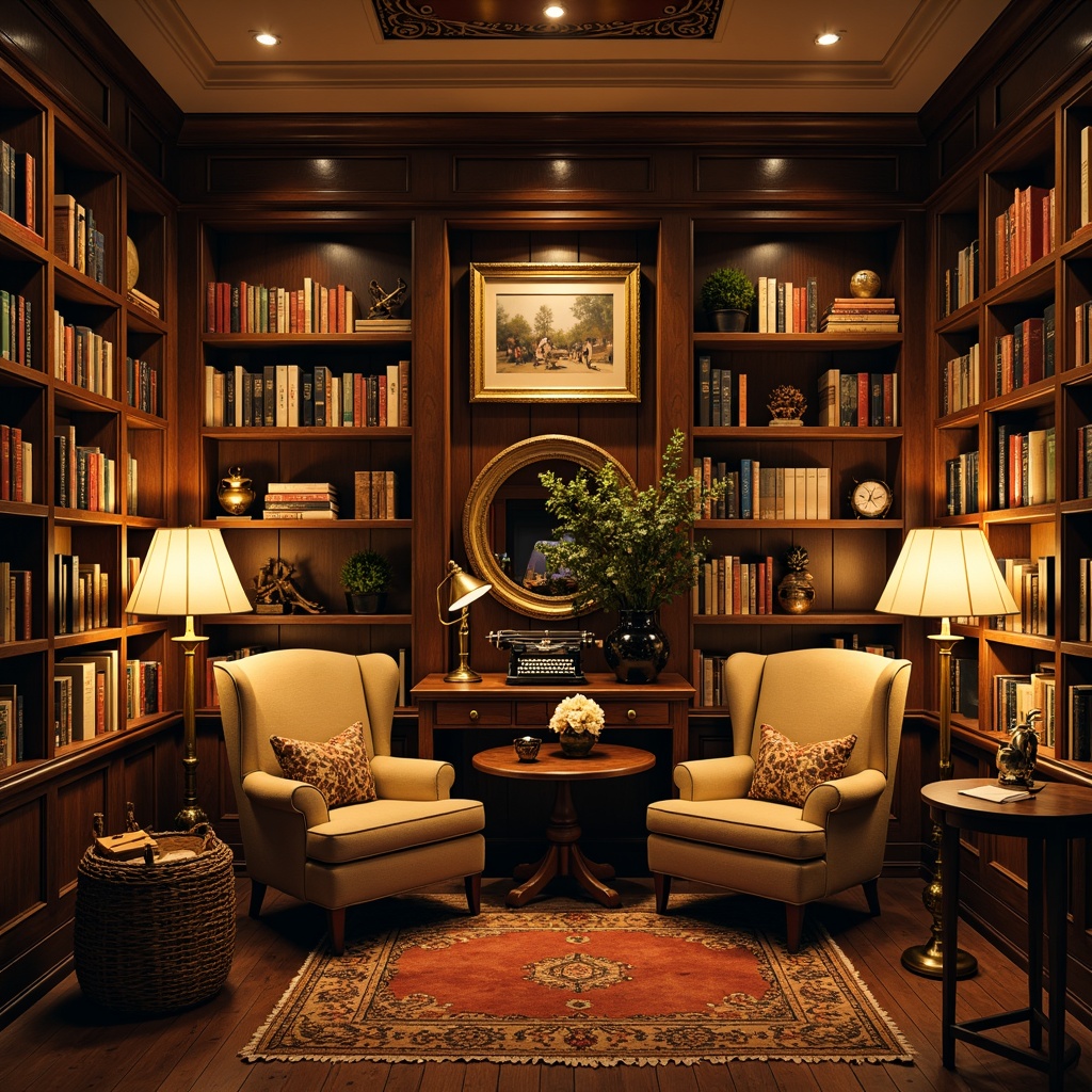 Prompt: Cozy bookstore interior, warm wooden shelves, plush armchairs, floor lamps, vintage typewriters, classic book collections, comfortable reading nooks, earthy tone color scheme, natural fabrics, woven baskets, soft cushions, rich leathers, ornate metal fixtures, warm golden lighting, shallow depth of field, 1/1 composition, realistic textures, ambient occlusion.