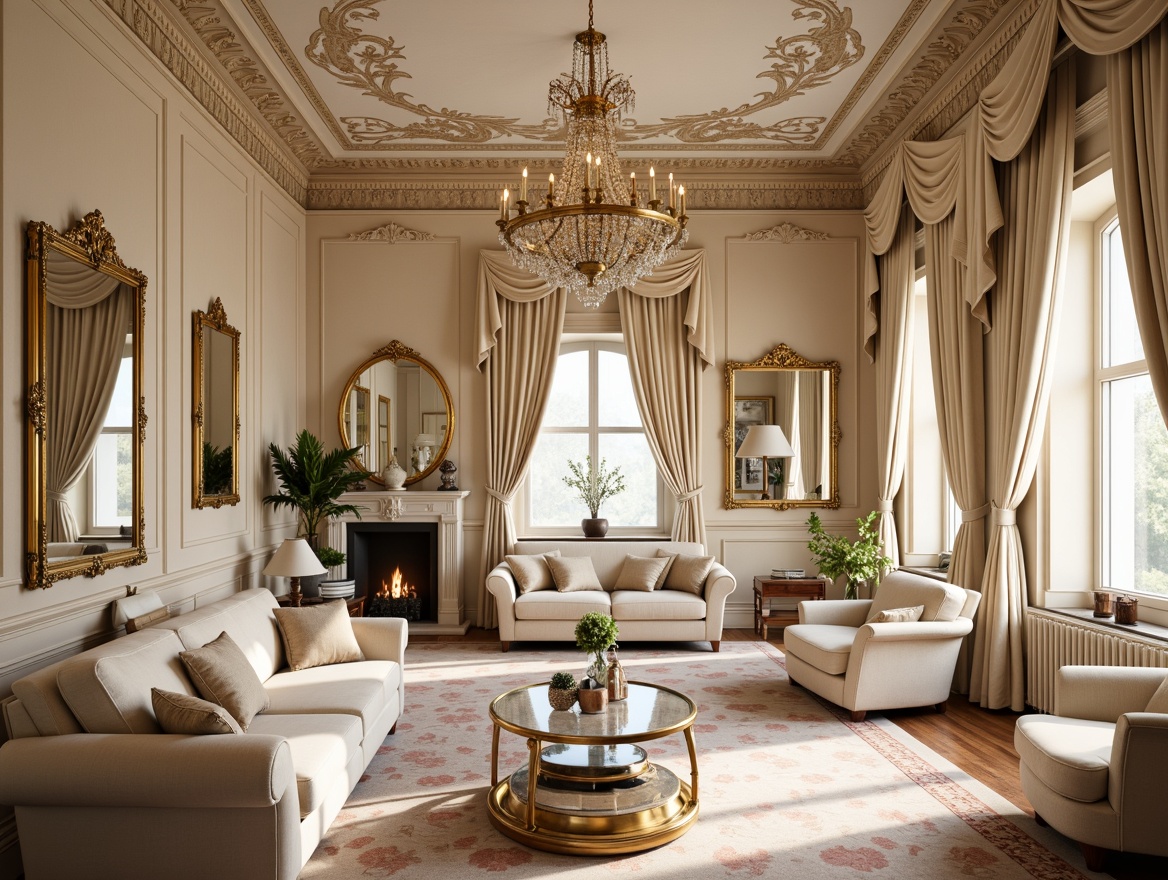 Prompt: Luxurious Rococo-style interior, soft pastel hues, delicate cream, warm beige, rich gold accents, ornate mirrors, intricate carvings, velvety smooth fabrics, plush furnishings, curved lines, ornamental patterns, lavish chandeliers, dramatic drapery, French Renaissance influences, opulent textures, subtle sheen, warm candlelight, intimate atmosphere, 3/4 composition, shallow depth of field.