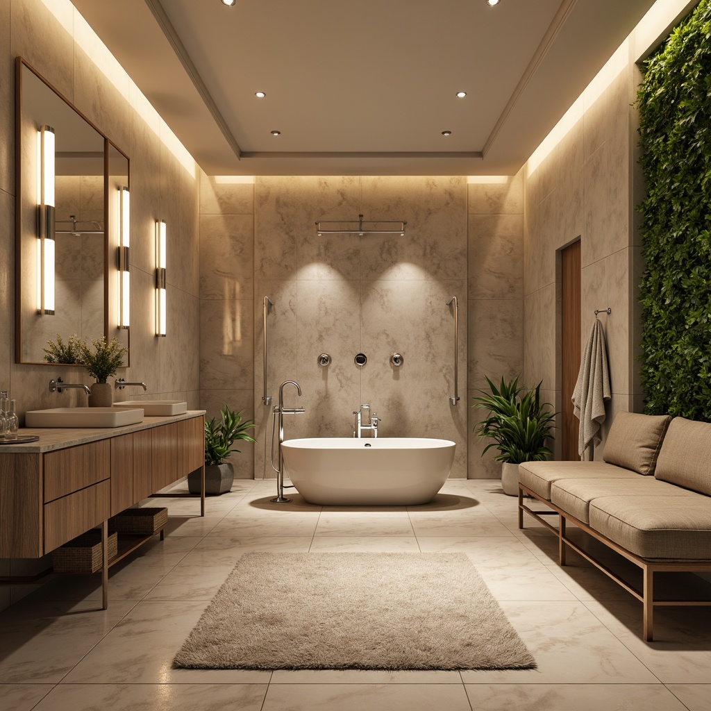 Prompt: Elegant freestanding tub, polished chrome fixtures, soft LED lighting, warm beige walls, luxurious marble countertops, ornate wooden cabinetry, decorative mirrors, plush area rug, modern rain showerhead, handheld shower wand, body sprays, heated flooring, spa-inspired ambiance, natural stone accents, wall-mounted sink, vertical garden, tropical greenery, subtle color palette, 3/4 composition, shallow depth of field, panoramic view, realistic textures, ambient occlusion.