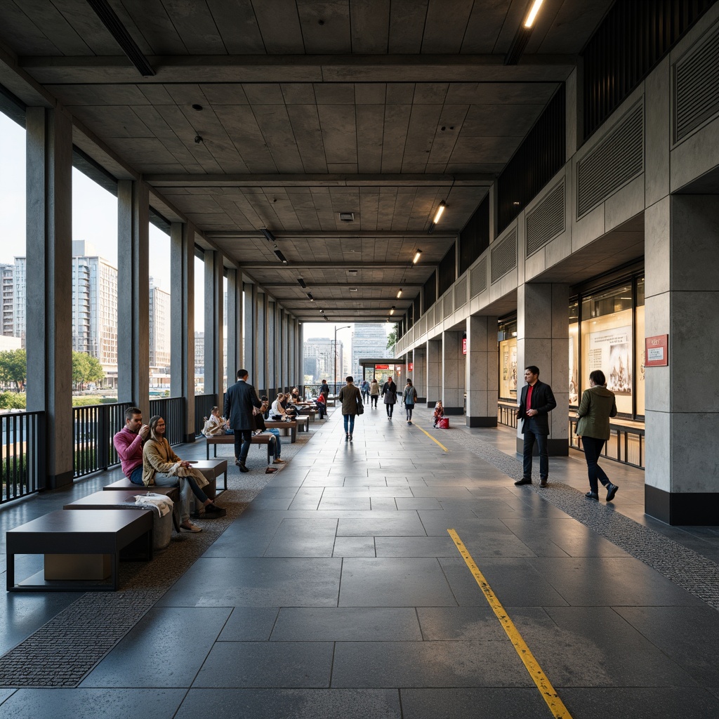 Prompt: Urban metro station, industrial concrete walls, metallic railings, glass tile flooring, LED lighting, modern minimalist benches, sleek information displays, granite countertops, stainless steel pillars, urban cityscape views, morning rush hour atmosphere, soft warm lighting, shallow depth of field, 1/2 composition, realistic reflections, ambient occlusion.