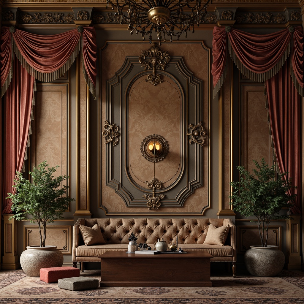 Prompt: Ornate wall panels, rich wood textures, intricate moldings, opulent gold accents, lavish velvet drapes, heavy fringed tassels, ornamental ceiling medallions, distressed finishes, worn leather banquettes, vintage floral patterns, muted color palette, soft warm lighting, dramatic shadows, 1/1 composition, shallow depth of field, realistic textures, ambient occlusion.