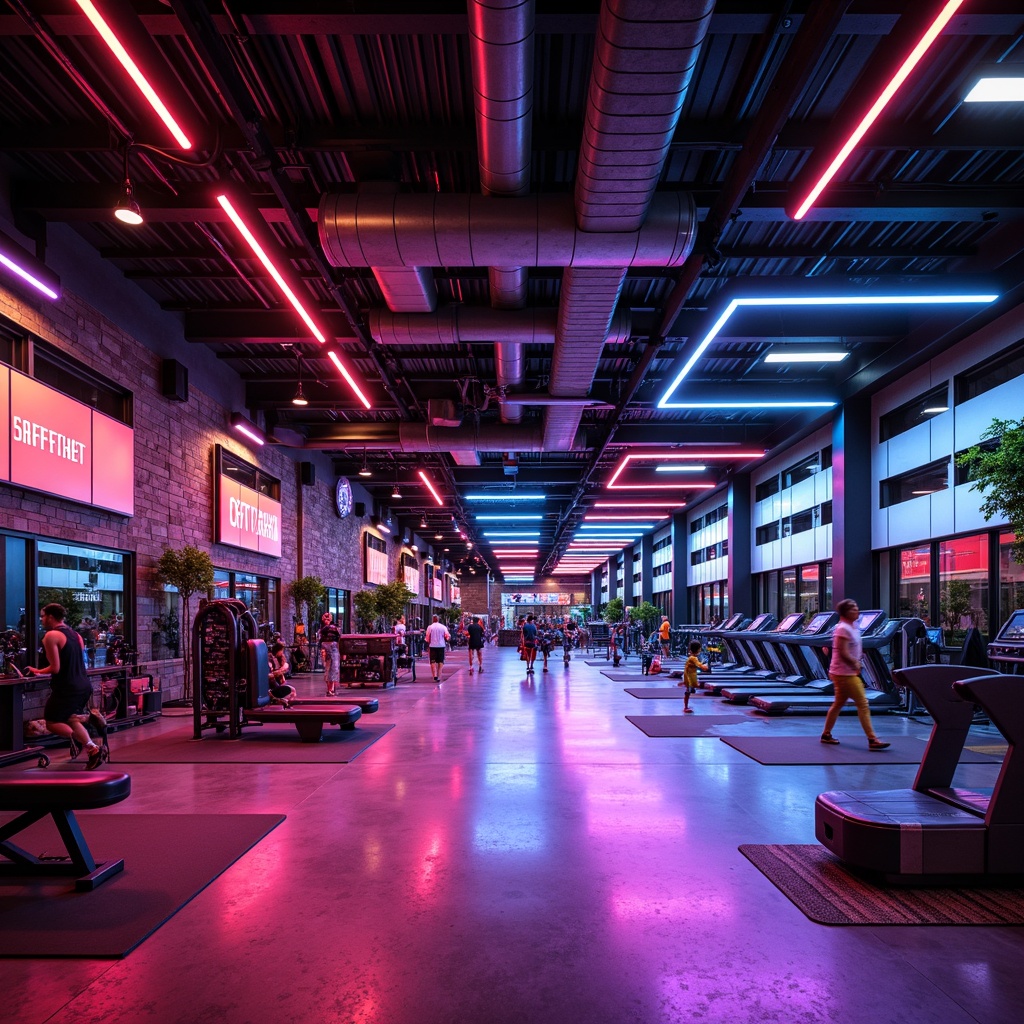 Prompt: Vibrant gym atmosphere, dynamic color-changing LED lights, high-contrast shadows, spotlight accents, energetic ambient glow, suspended light fixtures, industrial-chic metal beams, polished concrete floors, mirrored walls, futuristic architecture, intense workout zones, motivational quotes, modern fitness equipment, free weights, treadmills, exercise machines, athletic tracks, jump ropes, boxing rings, yoga mats, natural stone accents, urban loft-style windows, dramatic ceiling heights, 3/4 composition, high-key lighting, shallow depth of field.