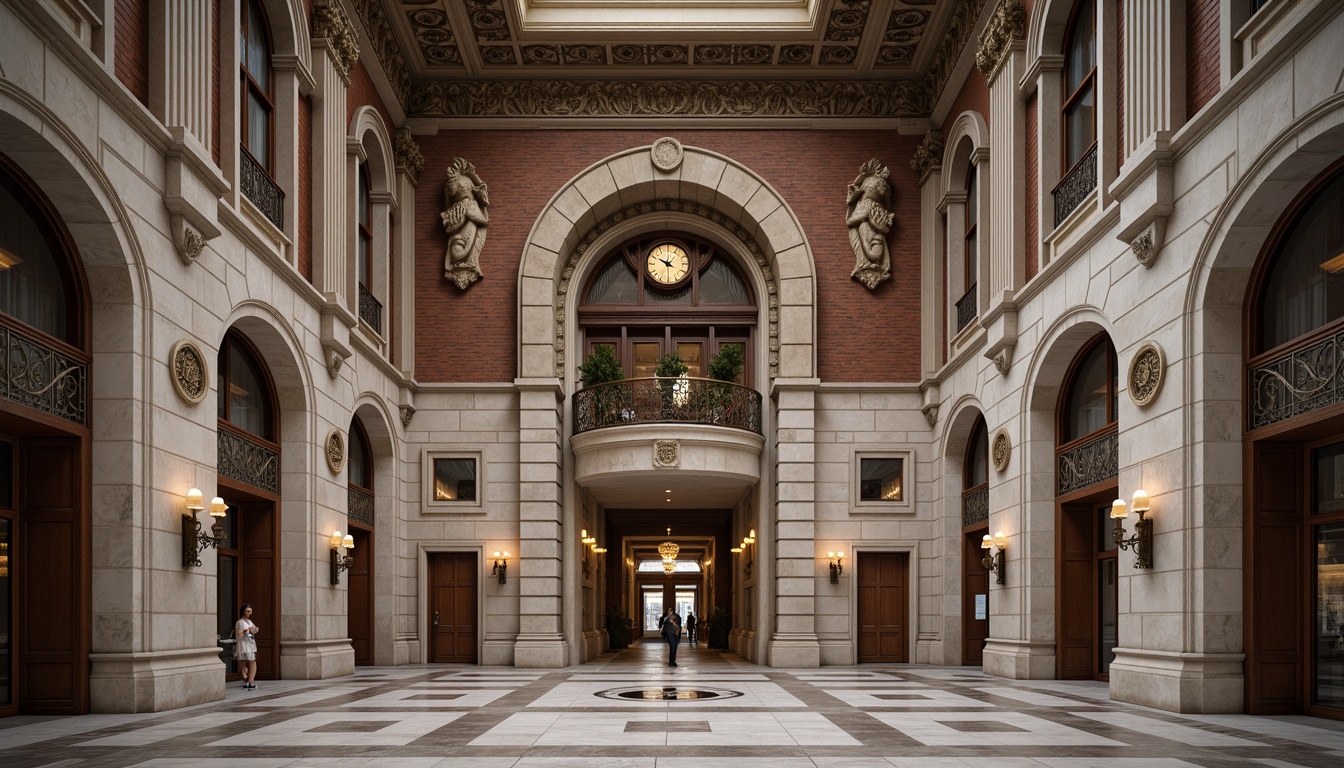 Prompt: Grand courthouse entrance, ornate stone carvings, classical columns, symmetrical fa\u00e7ade, majestic clock tower, intricate stonework, richly textured brick walls, decorative cornices, ornamental metalwork, elegant archways, sophisticated lighting fixtures, polished marble floors, dignified atmosphere, natural light pouring in, subtle shading, 3/4 composition, shallow depth of field, realistic textures, ambient occlusion.