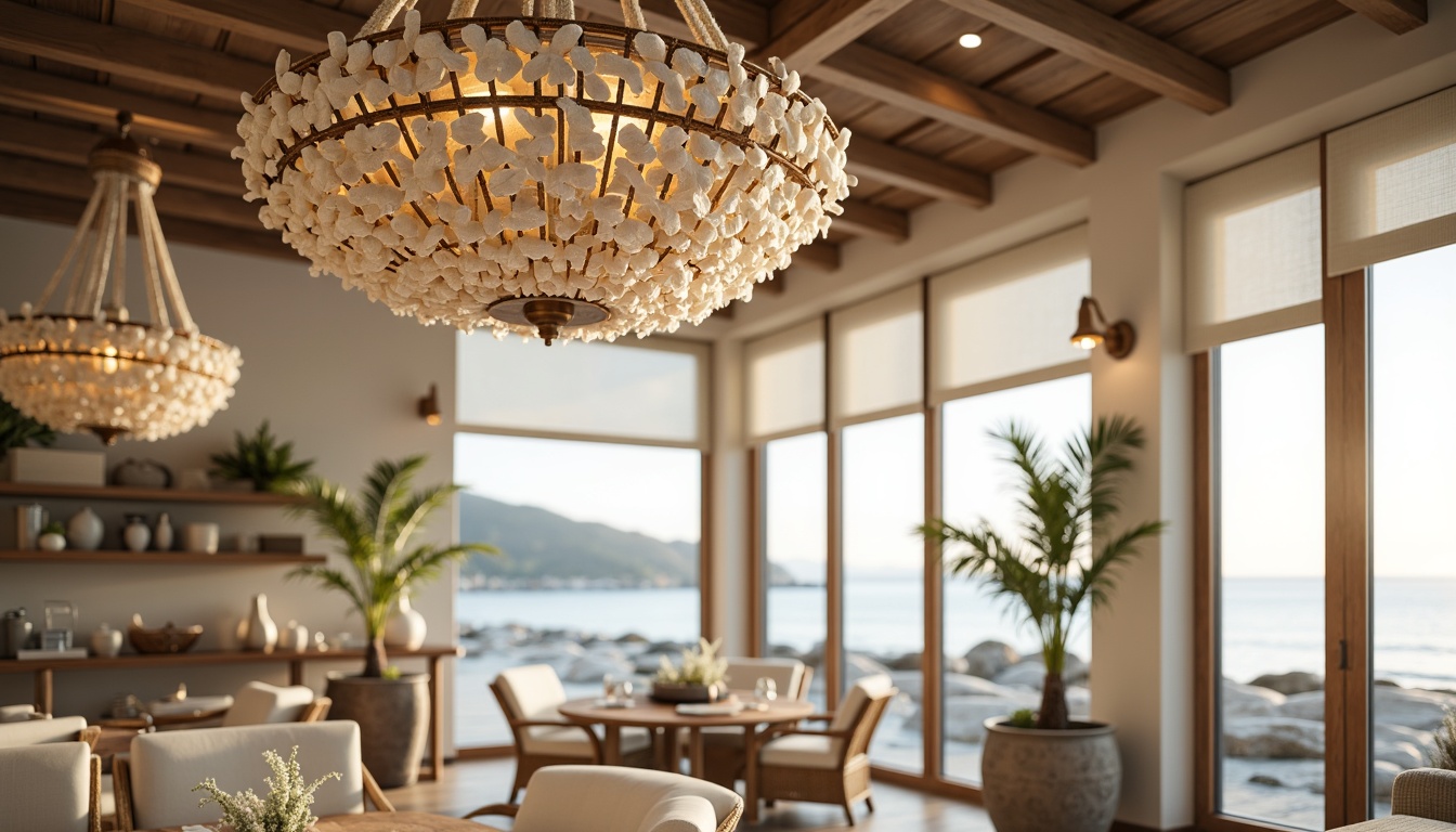 Prompt: Warm coastal ambiance, driftwood decor, soft ocean breeze, seashell chandeliers, nautical rope lighting, distressed wood lanterns, sea glass pendant lights, coral-inspired sconces, beachy texture, natural linen shades, weathered bronze fixtures, rustic metal accents, warm white lighting, cozy atmosphere, sunny day, shallow depth of field, 1/1 composition, realistic textures, ambient occlusion.