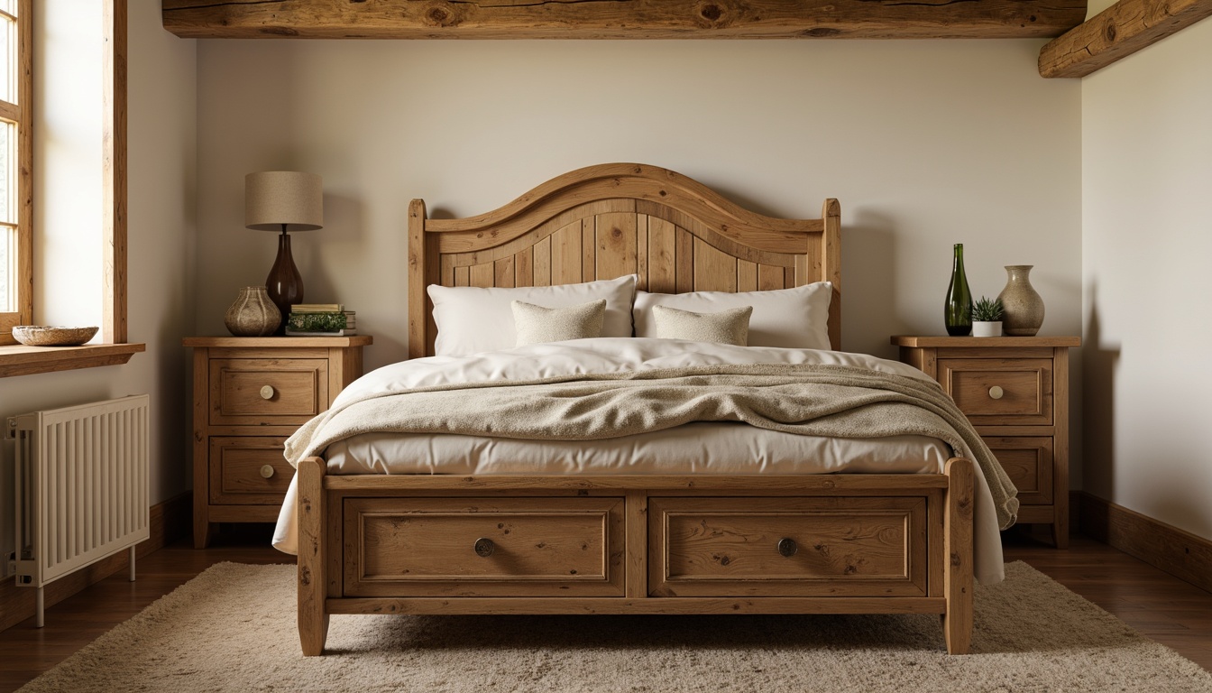 Prompt: Rustic wooden bed frame, distressed wood finish, warm beige tones, natural textures, earthy aroma, plush area rug, wooden nightstands, ornate carvings, vintage metal hardware, creamy white walls, soft warm lighting, shallow depth of field, 1/2 composition, intimate cozy atmosphere, realistic wood grain, ambient occlusion, traditional craftsmanship, hand-hewn details, wooden ceiling beams, earthy color palette.