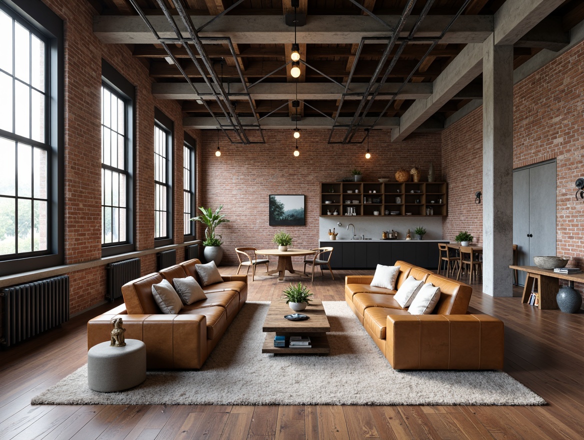 Prompt: Exposed brick walls, metal beams, industrial chic decor, reclaimed wood floors, vintage factory windows, modern minimalist furnishings, urban loft atmosphere, high ceilings, concrete columns, Edison bulb lighting, distressed leather sofas, metal piping details, abstract artwork, neutral color palette, rustic textures, natural materials, functional simplicity, open floor plan, industrial-style kitchen appliances, exposed ductwork, modern industrial fusion.