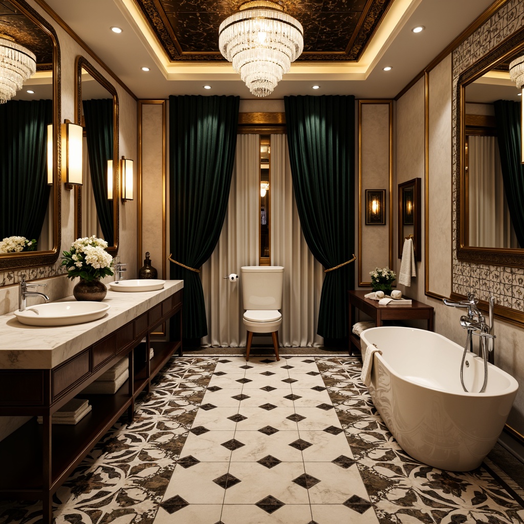 Prompt: Luxurious Art Deco bathroom, geometric patterned floor tiles, metallic accents, ornate mirrors, freestanding tubs, curved sink basins, wall-mounted faucets, hexagonal mosaic backsplashes, chrome fixtures, crystal chandeliers, velvet drapes, marble countertops, bold color schemes, glamorous lighting, 3/4 composition, high-contrast rendering, realistic reflections.