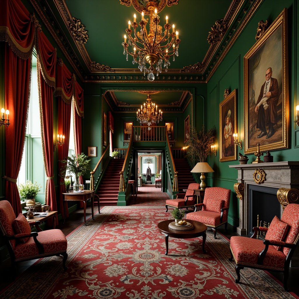 Prompt: \Opulent Victorian-era mansion, rich jewel-toned color palette, emerald green walls, ruby red velvet drapes, golden ornate furnishings, intricate patterned rugs, lavish chandeliers, ornate plaster ceilings, grand staircase, luxurious textiles, warm candlelight, soft focus, shallow depth of field, 1/2 composition, realistic textures, ambient occlusion.\