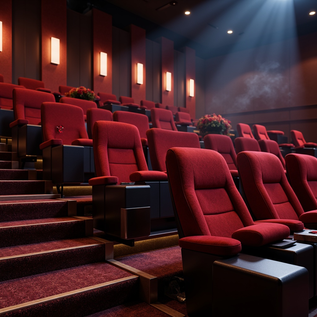 Prompt: Streamlined cinema seating, luxurious velvet fabrics, metallic accents, sleek low-profile chairs, curved lines, minimalist armrests, rich wood tones, ambient lighting, soft cushioning, ergonomic design, reclining mechanisms, premium leather upholstery, stainless steel frames, glossy finishes, cinematic color schemes, atmospheric smoke effects, dramatic spotlights, 3/4 composition, shallow depth of field, cinematic camera angles, realistic textures, ambient occlusion.