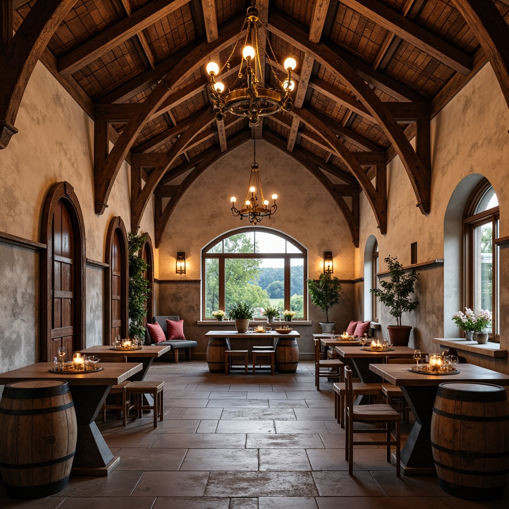 Prompt: Rustic winery interior, exposed wooden beams, earthy color palette, vintage wine barrels, metal lanterns, Edison bulbs, distressed wood accents, ornate chandeliers, warm candlelight, dimmable spotlights, industrial metal shades, reclaimed wood tables, natural stone flooring, arched windows, countryside views, cozy ambiance, soft warm glow, 1/1 composition, shallow depth of field, realistic textures, ambient occlusion.