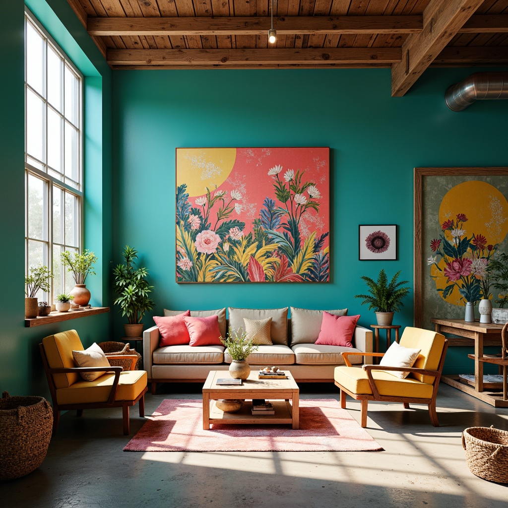 Prompt: Vibrant art studio, eclectic decorative accents, bold brushstrokes, abstract expressionism, mixed media artwork, rich turquoise walls, warm beige furniture, pops of coral pink, sunny yellow accents, distressed wood textures, industrial metal fixtures, modern minimalist decor, natural light pouring in, shallow depth of field, 1/1 composition, soft warm lighting, realistic color blending.