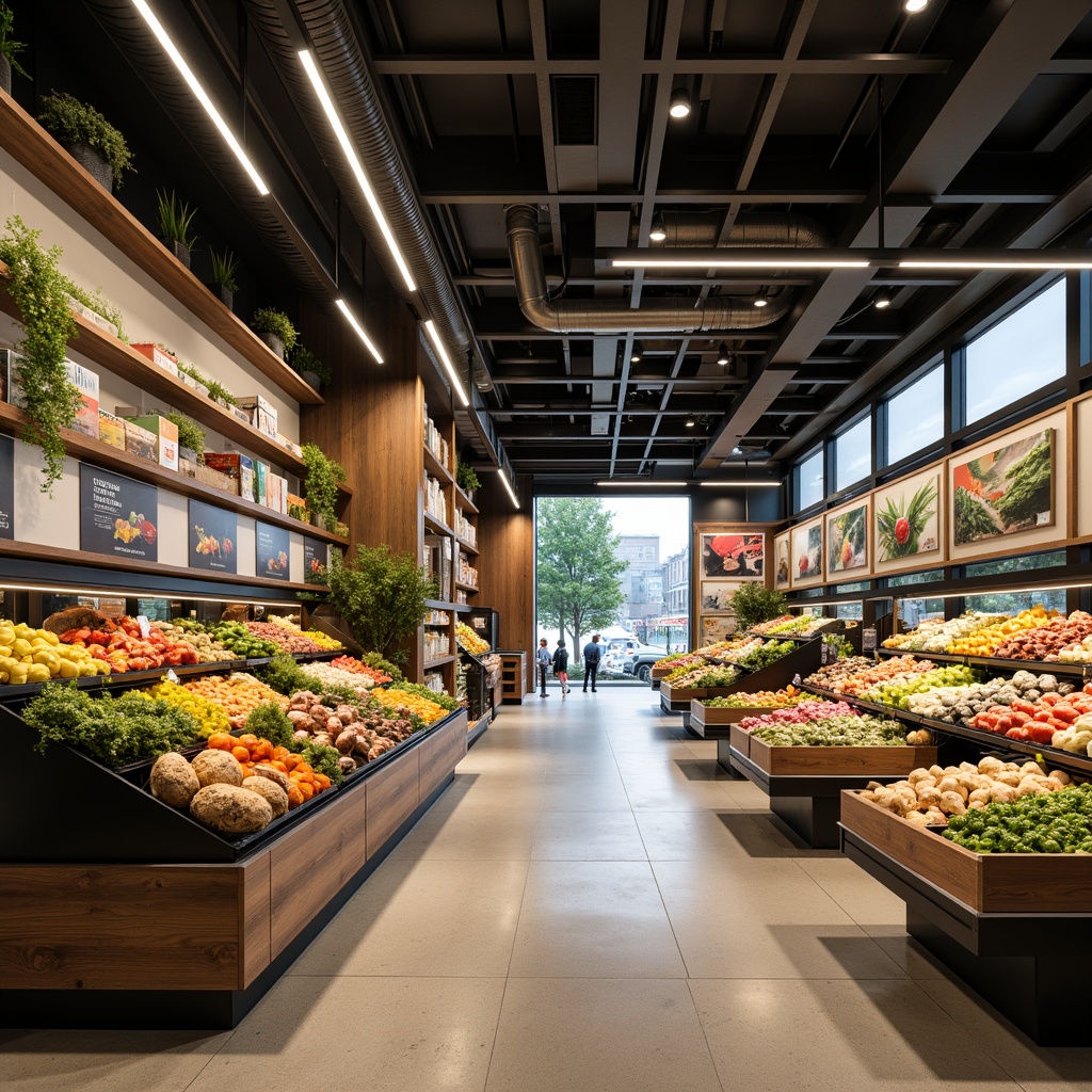 Prompt: Modern grocery store interior, sleek shelving units, fresh produce stands, vibrant colorful fruits and vegetables, well-organized product categorization, efficient checkout counters, electronic payment systems, shopping carts and baskets, polished concrete flooring, warm LED lighting, 1/1 composition, shallow depth of field, realistic textures, ambient occlusion, spacious aisles, clear signage, easy navigation, ample parking spaces, urban city surroundings, morning sunlight, soft shadows.