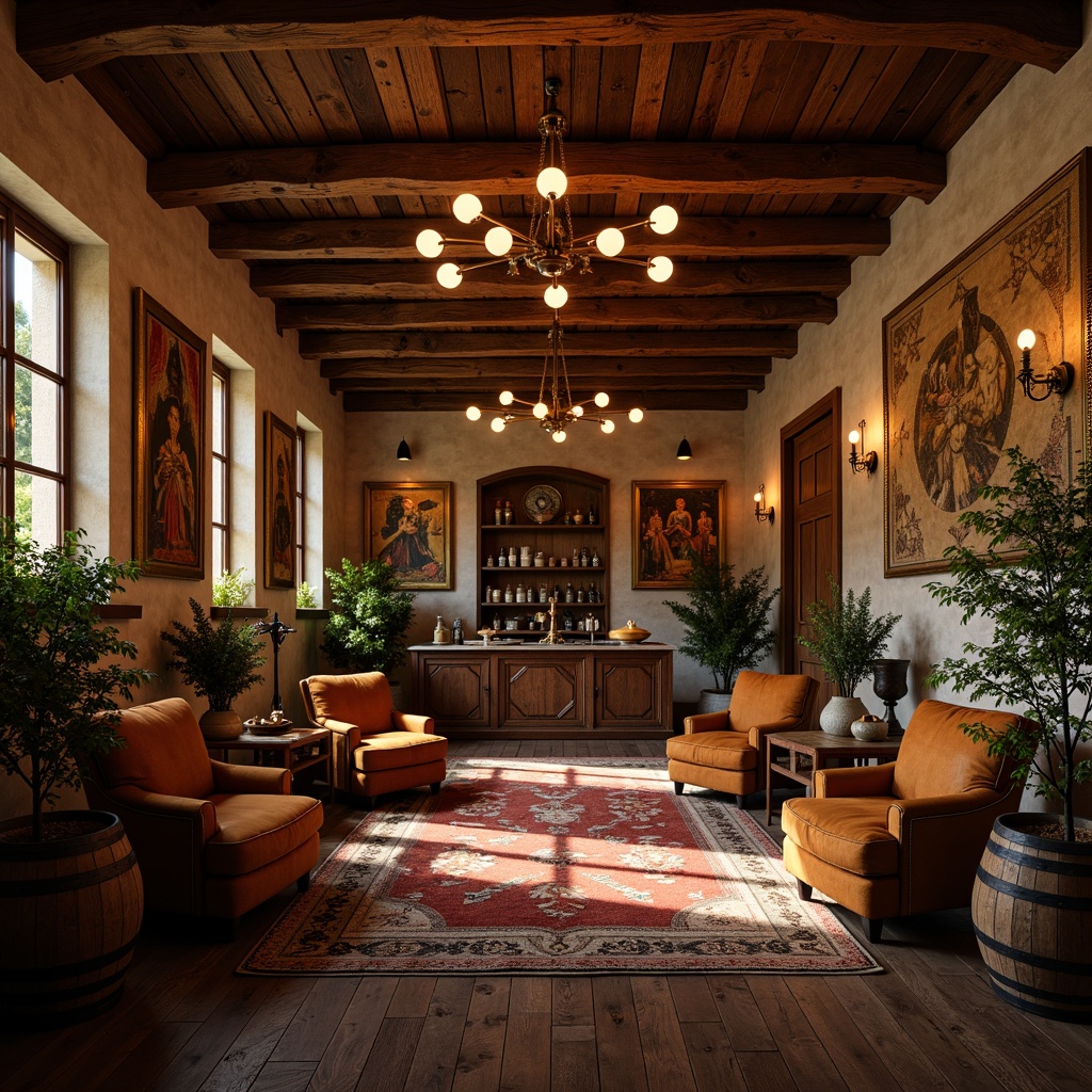 Prompt: Rustic winery interior, renaissance-inspired decor, distressed wood accents, ornate metalwork, velvet upholstery, rich leather armchairs, wooden barrels, wine cellar ambiance, warm candlelight, earthy color palette, natural stone walls, wooden flooring, elegant chandeliers, vintage wine-making equipment, luxurious fabric draping, Renaissance-style furnishings, carved wooden panels, decorative tapestries, soft golden lighting, 1/1 composition, shallow depth of field.