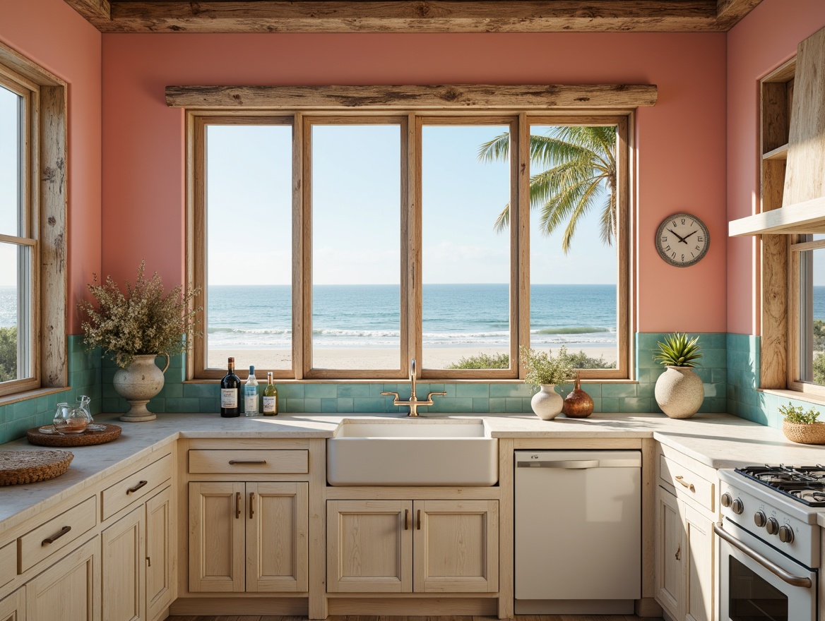 Prompt: Coastal kitchen, calming ocean views, soft sandy beach, sea salt air, driftwood accents, weathered wooden cabinets, creamy white countertops, turquoise glass tiles, coral pink walls, distressed finishes, natural linen fabrics, woven sea grass textures, rustic metal hardware, warm golden lighting, shallow depth of field, 1/1 composition, realistic reflections, ambient occlusion.