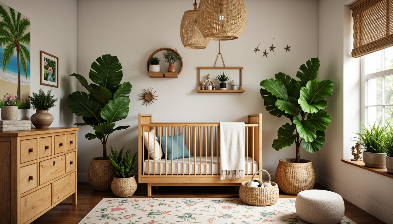 Prompt: Vibrant tropical nursery, wooden crib, woven rattan furniture, plush greenery, exotic flowers, natural textiles, wicker storage baskets, driftwood decorative accents, ocean-inspired artwork, pastel color palette, soft warm lighting, shallow depth of field, 1/1 composition, intimate atmosphere, cozy reading nook, jungle-themed wall decals, leaf-patterned rug, woven bamboo shades, creamy white walls, subtle wood grain textures.