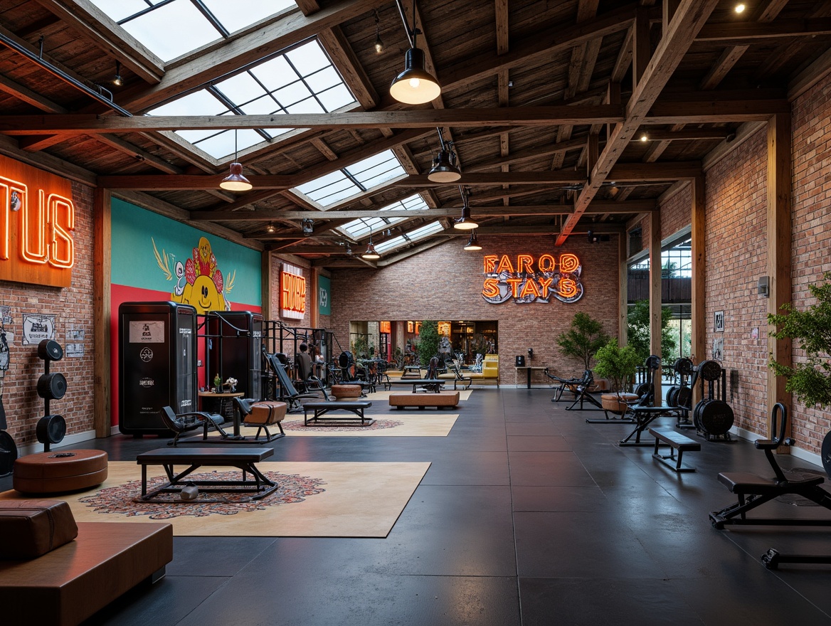 Prompt: Eclectic gym interior, distressed wood accents, reclaimed metal beams, exposed brick walls, industrial-style lighting, bold color scheme, dynamic texture contrasts, abstract art pieces, modern fitness equipment, rubber flooring, shock-absorbing surfaces, high-impact durability, anti-slip coating, vibrant neon signs, graffiti-inspired murals, urban warehouse atmosphere, overhead skylights, natural light infusion, 3/4 composition, shallow depth of field, realistic textures.