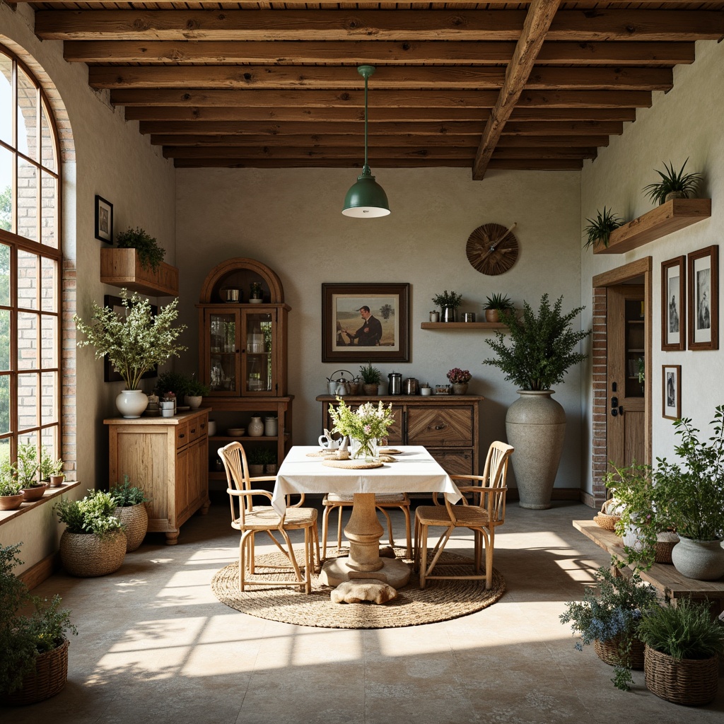 Prompt: Rustic farmhouse, vintage decor, distressed wood accents, earthy tones, warm beige, soft sage, muted turquoise, creamy whites, rich walnut, exposed brick, natural textiles, woven baskets, potted greenery, floral patterns, antique furniture, metalware, soft golden lighting, shallow depth of field, 1/1 composition, realistic textures, ambient occlusion.