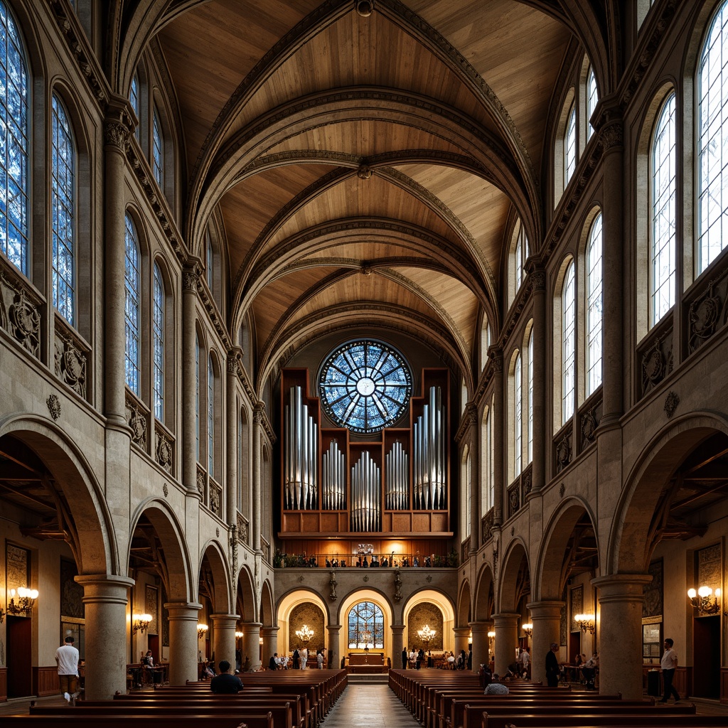 Prompt: Intricate Gothic arches, ornate stone carvings, stunning stained glass windows, grand pipe organs, vaulted ceilings, ribbed domes, lavish frescoes, intricate woodwork, gilded accents, dramatic chandeliers, soft warm lighting, shallow depth of field, 1/2 composition, symmetrical framing, highly detailed textures, ambient occlusion.