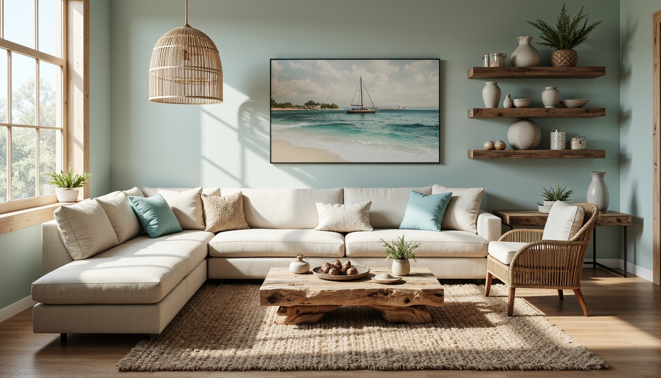 Prompt: Driftwood coffee table, plush sectional sofa, natural fiber rug, woven wicker armchair, distressed wood bench, coral-inspired accent pillows, sea glass vases, nautical-themed wall art, weathered wooden shelves, soft blue-green color palette, ocean-breeze texture, beachy atmosphere, casual comfort, relaxed ambiance, warm sunny day, soft natural lighting, shallow depth of field, 2/3 composition, intimate cozy setting.