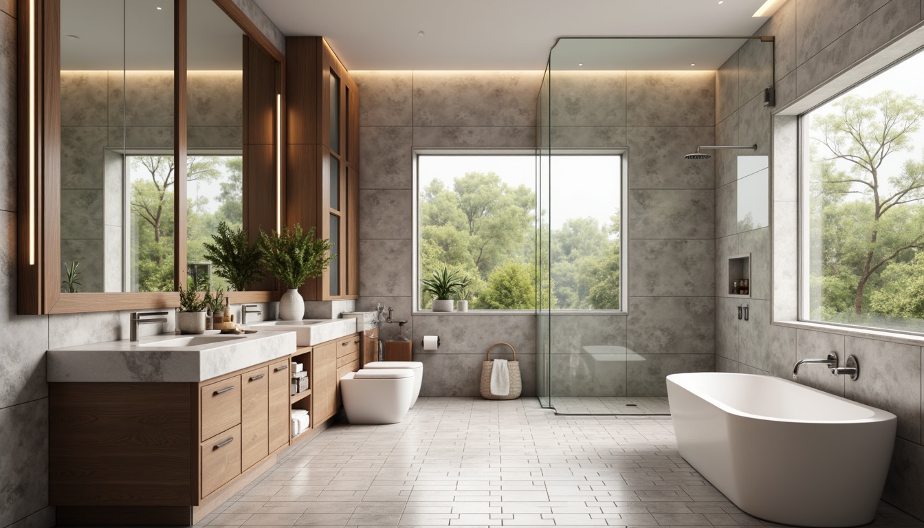 Prompt: Elegant transitional bathroom, soft warm lighting, marble countertops, large format tiles, herringbone patterns, subtle gray tones, porcelain fixtures, freestanding tubs, rainfall showerheads, glass enclosure, natural stone flooring, LED light strips, ambient textures, shallow depth of field, 1/1 composition, realistic reflections, morning sunlight, spa-like atmosphere.