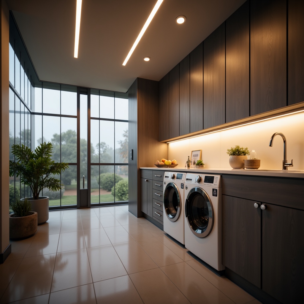 Prompt: Functional laundry room, modern appliances, sleek countertops, stainless steel sink, wall-mounted cabinets, ample storage space, bright overhead lighting, task-oriented under-cabinet lighting, soft warm glow, LED strips, ambient shadows, 1/1 composition, shallow depth of field, realistic textures, subtle color palette, calming atmosphere, morning light, subtle gradient effects.