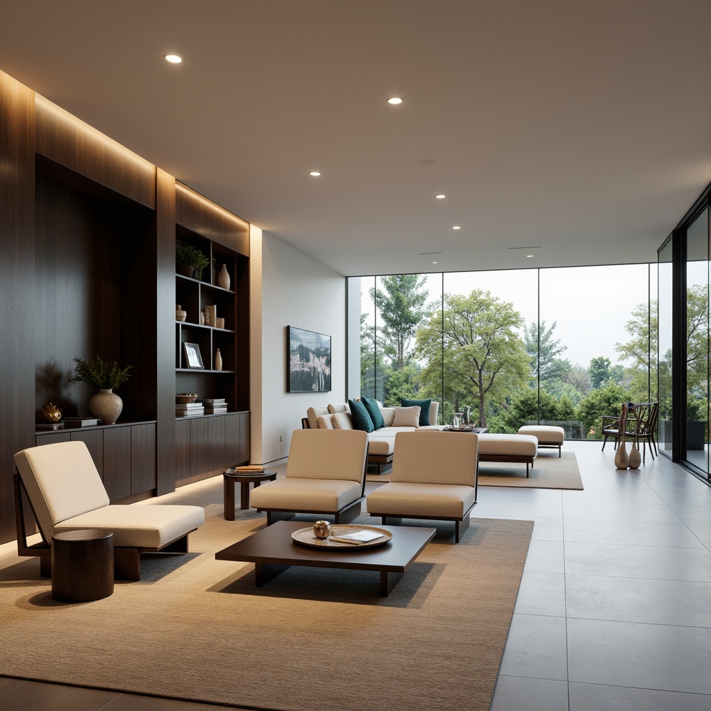 Prompt: Minimalist living room, sleek low-profile furniture, polished chrome accents, neutral color palette, floor-to-ceiling windows, sliding glass doors, open-plan layout, built-in shelving, hidden storage compartments, minimalist decorative accessories, ambient warm lighting, soft diffused shadows, 1/1 composition, realistic textures, subtle reflections.