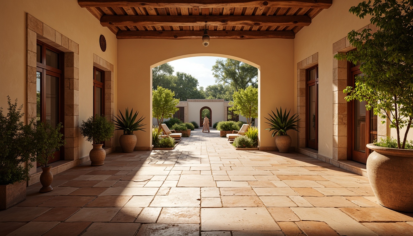 Prompt: Warm Mediterranean villa, rustic tile flooring, earthy terracotta hues, natural stone textures, ornate ceramic patterns, arched doorways, sunny courtyards, lush greenery, potted plants, warm beige walls, soft golden lighting, shallow depth of field, 3/4 composition, panoramic view, realistic textures, ambient occlusion.